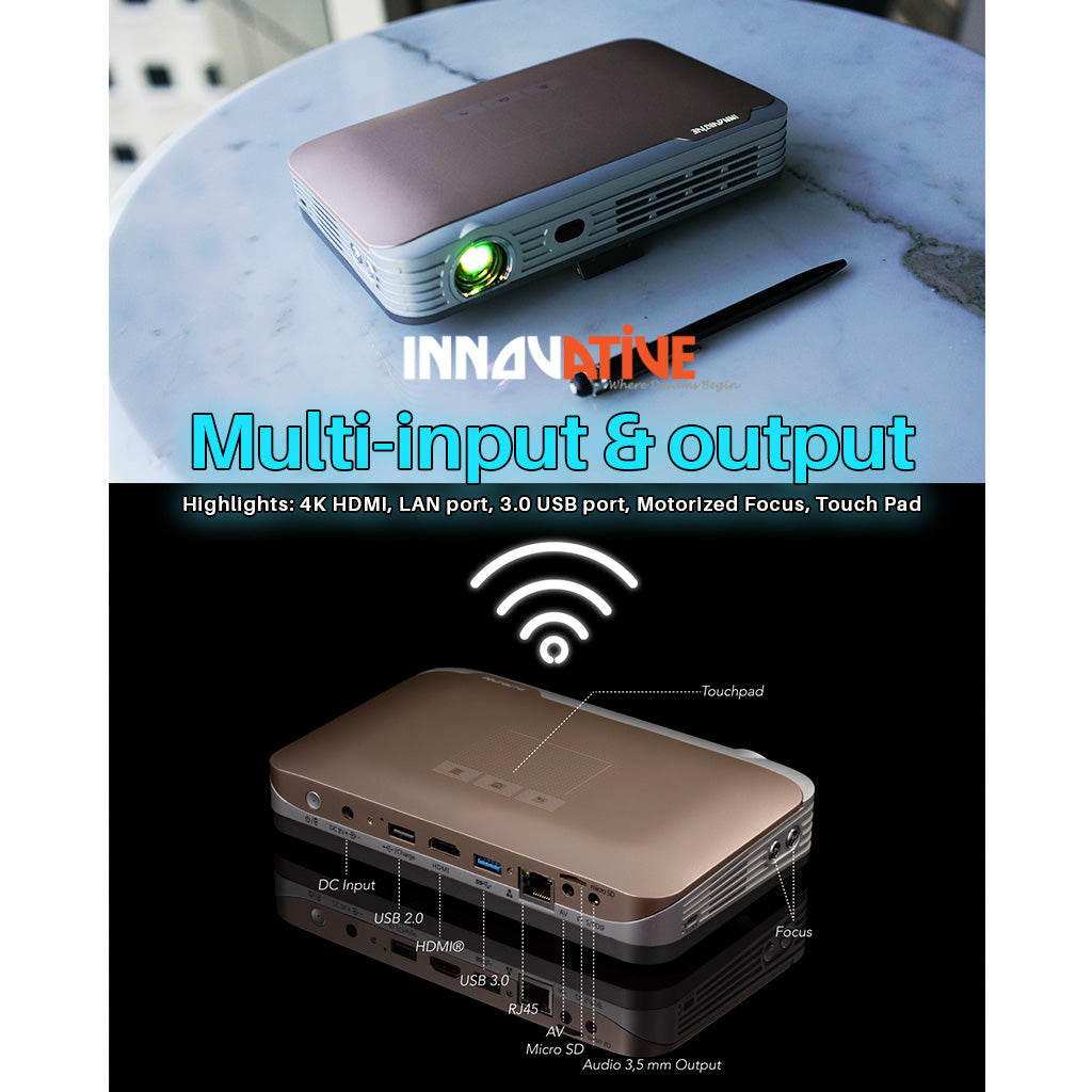 Portable Smart Mini Projector with inbuilt Battery, 3D, Ai Auto Focus, Crisp Clear Speaker, Bluetooth Audio & inbuilt YouTube, Netflix- Innovative DS9 4k